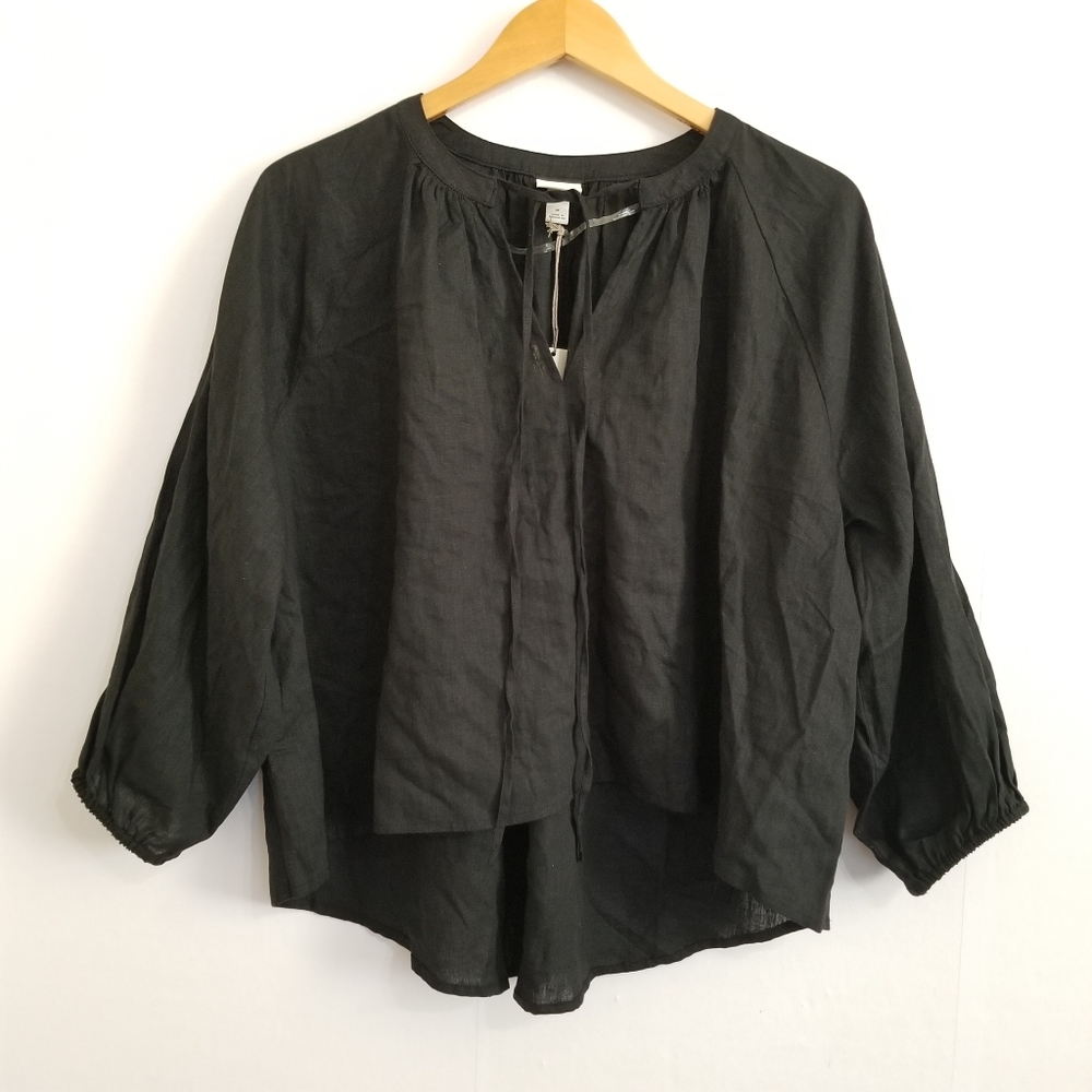 A New Day Black Linen Blend Popover Blouse Size Small